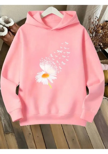 Kışlık Kapüşonlu Sweatshirt, Çocuk Papatya Kelebek Baskılı Pembe