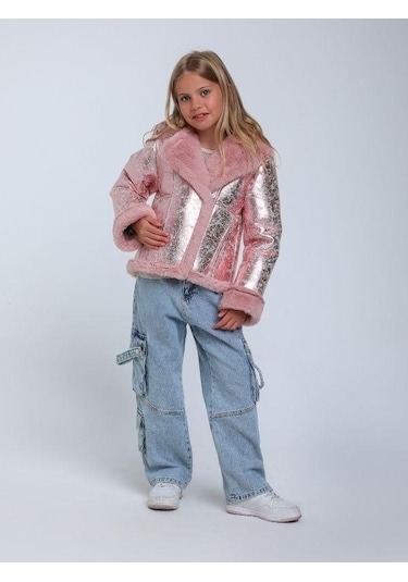 Kız Çocuk Parlak Kumaş İçi Peluş Detaylı Tasarım Mont-14266 Pembe