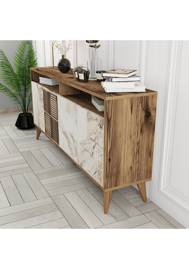 Milan 160cm Konsol - Ceviz / Beyaz Mermer