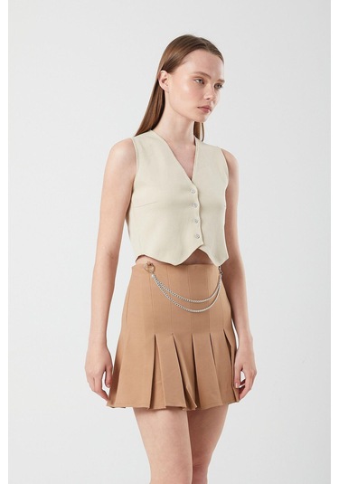 4155 Kadın Zincir Detay Pileli Mini Etek Vizon Vizon