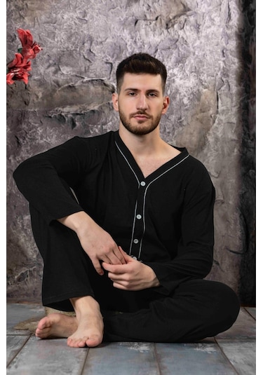 Erkek Boydan Düğmeli Yüksel Kalite Pamuk Pijama Takımı 16511-siyah Siyah