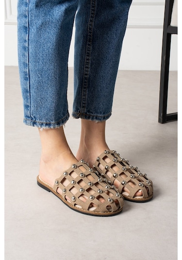 Shoetek Livya Kadın Terlik Pimli Vizon Süet