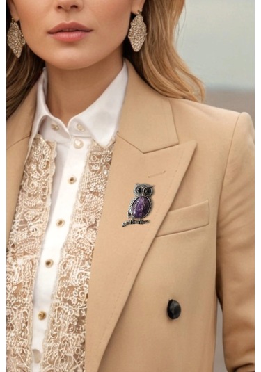 Baykuş Motifi Ametist Broş Br10-8 Mor