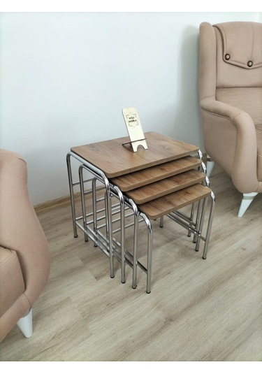 Evko Mobilya Buket Sehpa, 4'lü Zigon Sehpa, Dörtlü, Krom-ceviz