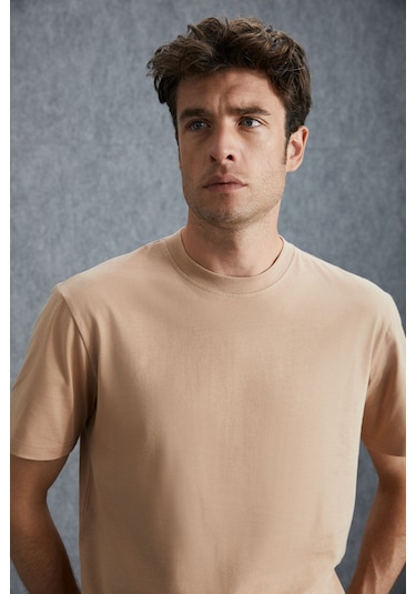 GRIMELANGE Solo Erkek %100 Organik Pamuklu Kalın Dokulu Comfort Fit Bisiklet Yakalı Bej T-shirt Bej