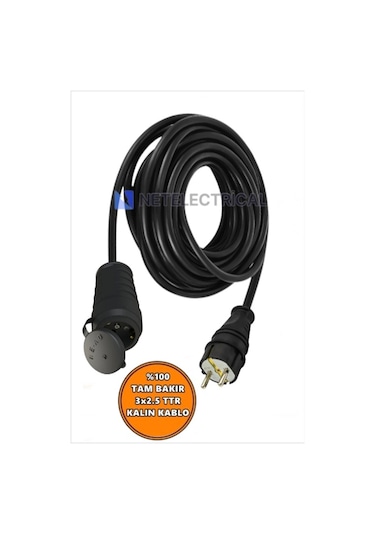 Kauçuk Tekli Topraklı Ara Uzatma Kablosu 18 Metre 3x2.5 Mm² Ttr Kalın Siyah Kablolu 18 Metre