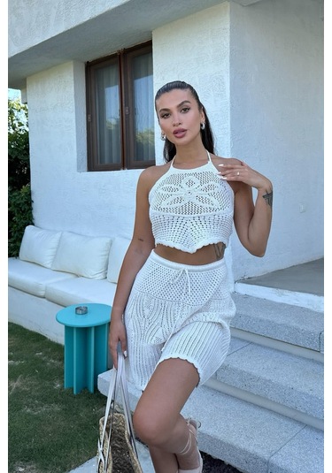 Kadın Ekru Pamuk Dokuma Askılı Halter Yaka Takım Ekru