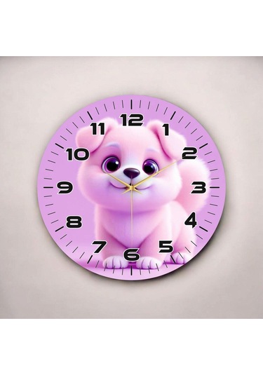 Yavru Köpek Pembe Renkli Baskı Hayvan Desenli Sayılı Hediyelik Ahşap Sessiz Duvar Saati 50cm ÇOk Renkli