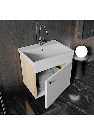 Karen Banyo Milano 50 Cm Lavabolu Banyo Dolabı,lavabo Dahil, Ayna Dahil,sonomo Meşe Beyaz