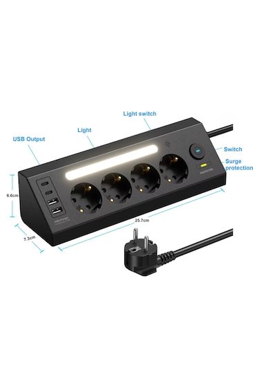 Çoklu Gece Lambalı Priz Yüksek Gerilim Korumalı 4'lü Priz 2xusb 2xtype-c Çıkışlı Grup Priz Çoğaltıcı 0