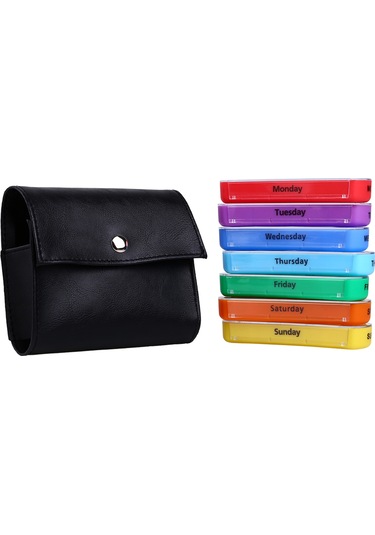 Suofeng Siyah Pu Deri Kutu 28 Bölmeli Haftalık İlaç Depolama Kutusu - Zaman Etiketli Taşınabilir İlaç Ayırma Kutusu Diğer