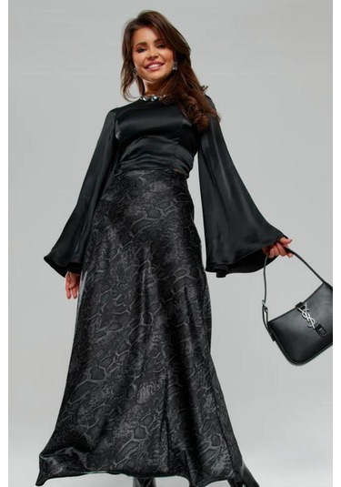 Madmext Siyah Desenli Saten Kadın Uzun Etek Mg2333 Siyah