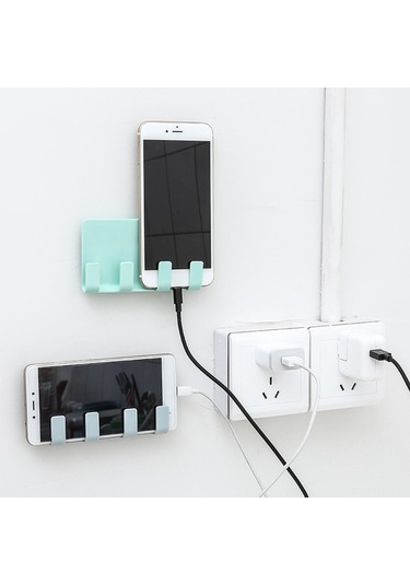Kosona Beyaz Duvar Tipi Usb Şarj Telefon Tutucu - Deliksiz Montajlı 4 Kanca Depolama Rafı - Ev Ofis Mutfak Uyumlu