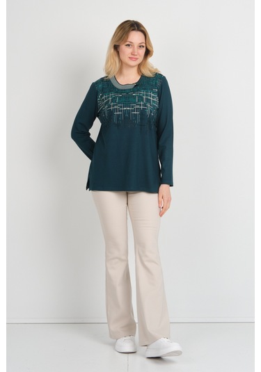 Detay Triko Kadın Taş Detaylı Desenli Yanları Yırtmaçlı Uzun Kol Anne Bluz 5741 Zümrüt Zümrüt