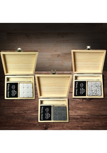 9pcs Viski Taş Seti Soğutma Taşları Ahşap Kutu Soğutma Kayaları Yeniden Kullanılabilir Buz Küpleri - Gri Gri