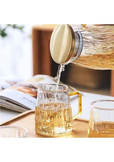 Qerhome Borosilikat Cam Sürahi Takım Elio 6 Bardaklı Gold 1800 Ml