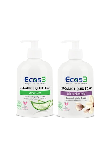 Ecos3 Organik Aloe Vera Sıvı Sabun 500 ML + Beyaz Manolya Sıvı Sabun 500 ML