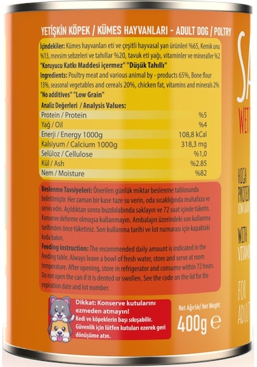 Sapphere Kümes Hayvanlı Yetişkin Köpek Maması Konserve 12 x 400 G