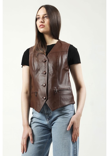 Dericlub Vittoria Kadın Düğmeli Slim Fit Hakiki Deri Yelek Fındık Fındık