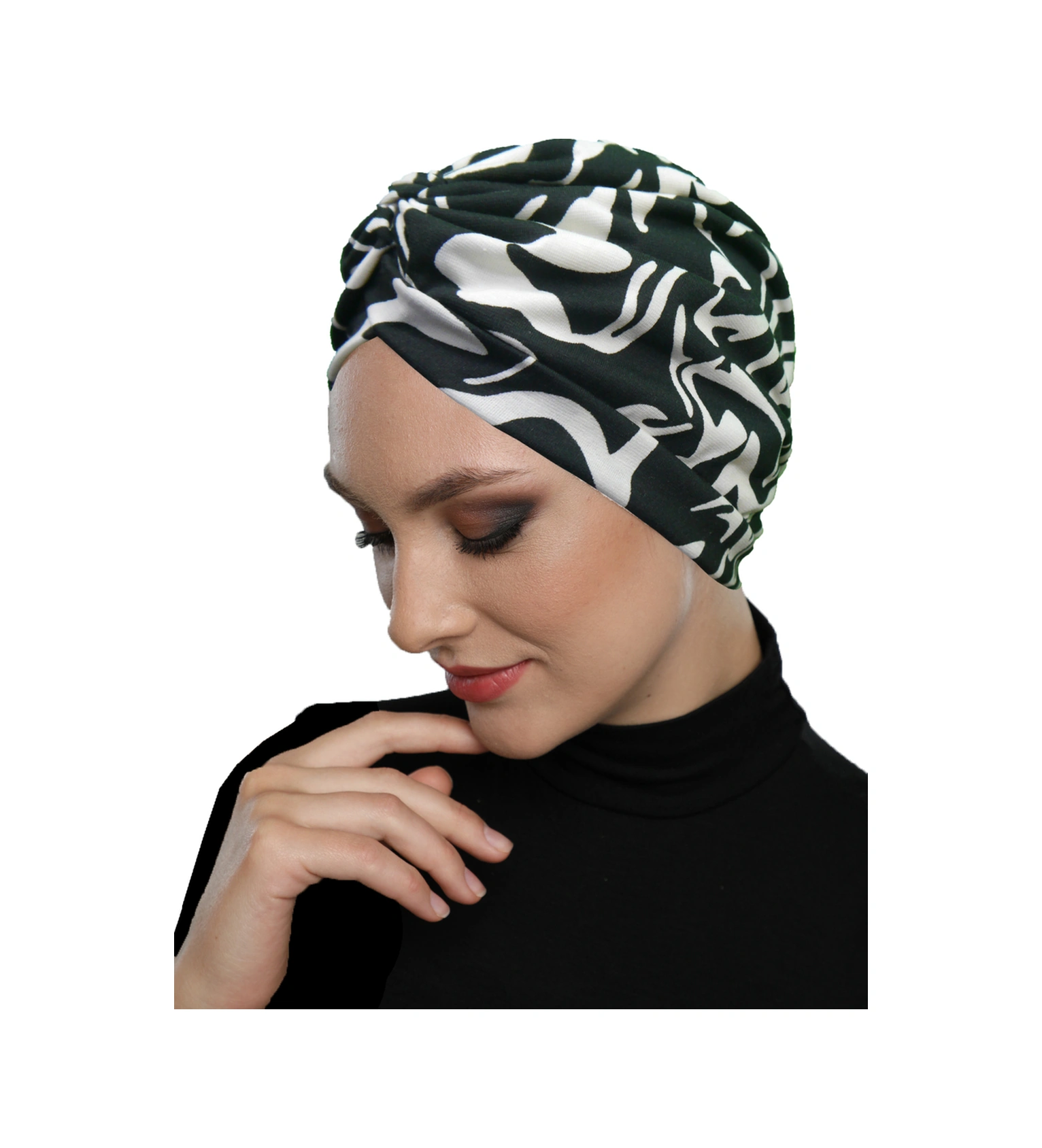 Gölge Dansı Desenli Çapraz Ve Bant Detaylı Astarlı Hazır Türban Tesettür Havuz Bonesi Siyah-krem