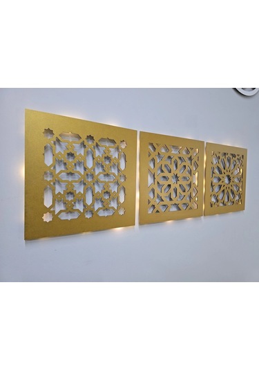 Led Işıklı Motif Tablo 3 Lü Set - 30x30cm Gold