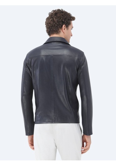 Kip Lacivert Regular Fit Bebe Yaka Smart Casual Koyun Derisi Deri Mont