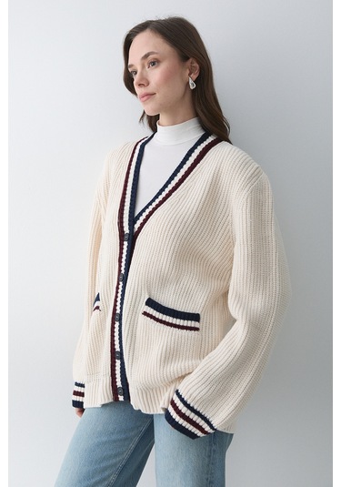 Krem - Bordo Renkli Cepli Hırka - 241143 Krem