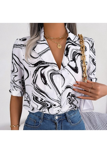 Gmxıa Kadın Modası Rahat Kısa Kollu Takım Yaka Bluzlar Ve Gömlekler Renk Kontrastı Bol Gömlek Haki