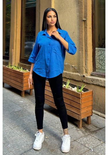 Saks Truvakar Kol, Oval Kesim, Terletmez, Flamlı Keten Salaş Gömlek Saks