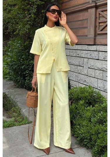 Sensuelle Hakim Yaka Çapraz Düğmeli Plazzo Pantolon Viscon Keten Takım 10209 Altın