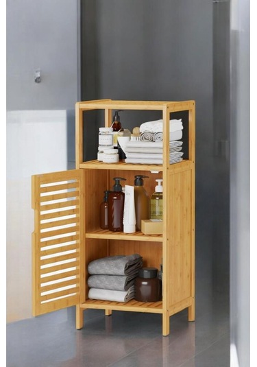 Digithome Bambu Tek Kapaklı 2 Raflı Çok Amaçlı Banyo Düzenleyici Organizer Dik Dolap Jw-23090 Kahverengi