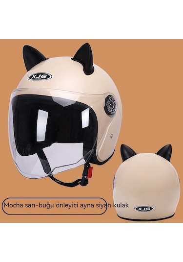 Yy Kahverengi Lens-SK5882 Açık Motosiklet Kaskı Haki Siyah Kedi Kulakları