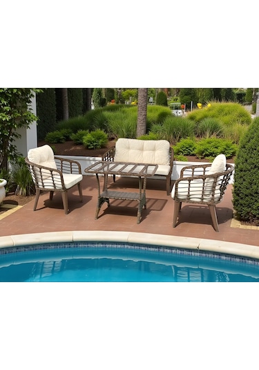 Kartepe 2 1 1 Rattan Bahçe Balkon Takımı,kahve Rattan/krem Kumaş Kahverengi - Krem