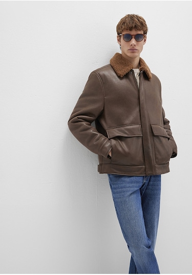 Mavi - Kahverengi Suni Kürk Detaylı Suni Deri Ceket 0110669-70240 Kahverengi