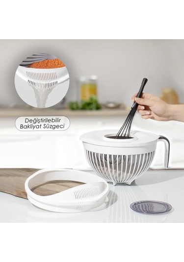 Porsima 3132 Linea 2 li Çok Amaçlı Kapaklı Karıştırma Mikser Kabı Pirinç Süzgeci - Beyaz