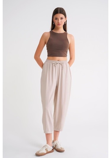 4307 Kadın Beli Lastikli Parçalı Şalvar Pantolon Taş Taş