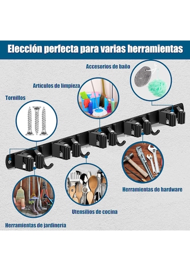 Qingmipy Duvar Üstü Süpürge Ve Mop Tutucu, 5 Konumlu 4 Paslanmaz Çelik Kanca, Otomatik Yapışkan, Garaj-mutfak-banyo İçin Düzenleyici