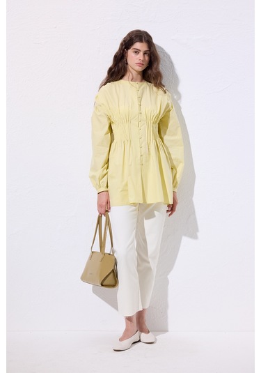 Beli Pile Detaylı Uzun Kol Bluz Sarı Sari
