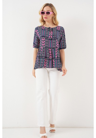 Kadın Desenli Kısa Kol Bluz 969 - Lacivert Lacivert