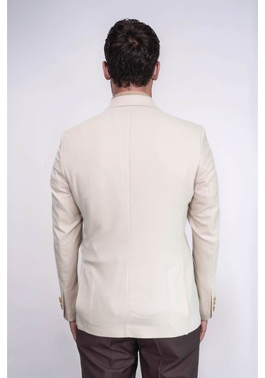 Bej Balıksırtı Desenli Gold Renk Metal Düğmeli Slim Fit Erkek Blazer Ceket - Wessi Cream