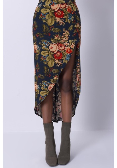 Çiçekli Asimetrik Etek Yakalı Bağlamalı Bohem Etek Bluz Kadın Ikili Takım Lacivert Lacivert