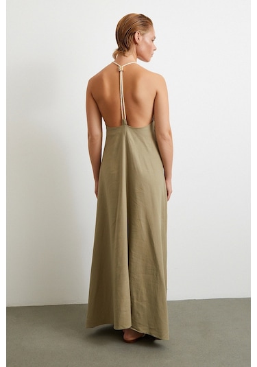 İp Askılı Keten Elbise Haki Haki