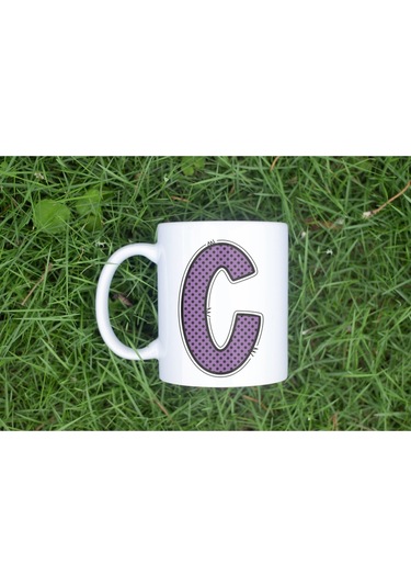 C Harfi Mor Puantiyeli Kupa Bardak - Polka Dot Tasarım Kahve Çay Bardak - Kişiye Özel Hediyelik Beyaz