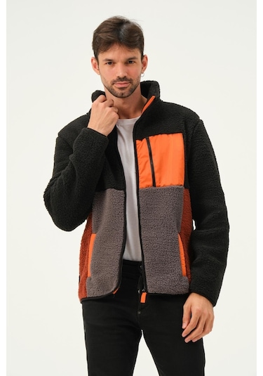 Erkek Dik Yaka Parçalı Polar Ceket Siyah