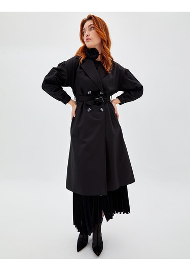 Kadın Nakışlı Lazer Kesim Trençkot - Siyah Siyah
