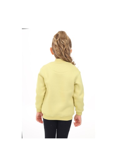 Toontoy Kız Çocuk Kolej Yaka Fermuarlı Cepli Düşük Omuz Nakış Baskılı Örme Hırka - 2 İplik Şardonlu Açık Yeşil