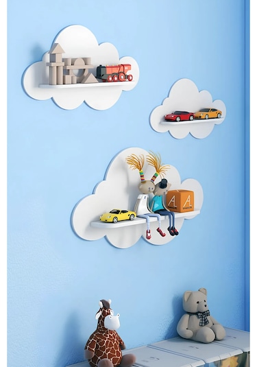 Beyaz Dekoratif 3'lü Bulut Çocuk Odası Duvar Rafı Duvar Süsü