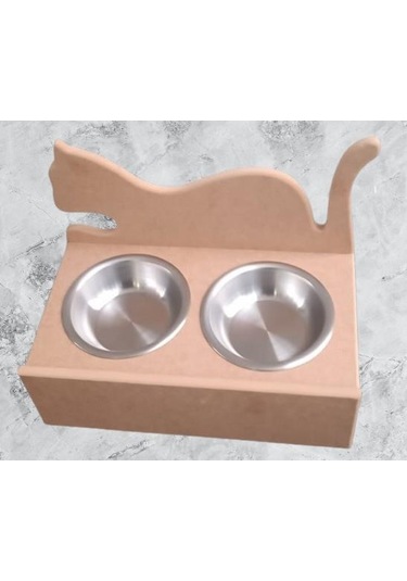 Hobi Adn 90368 Model Kedi Mama Su Kabı Ahşap Paslanmaz Tabak El Yapım