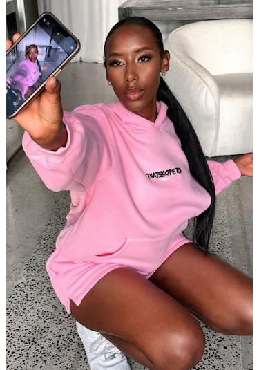 Thatsofetch Series 7 Sweatshirt - Pembe Baskılı Oversize Kapüşonlu Pembe