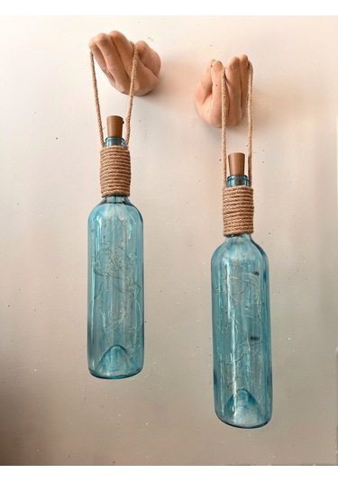 El Figürlü Duvar Lambası Pilli Led Işıklı Dekoratif Mavi Boyalı Cam Şişe Aydınlatma Vintage El Y Mavi
